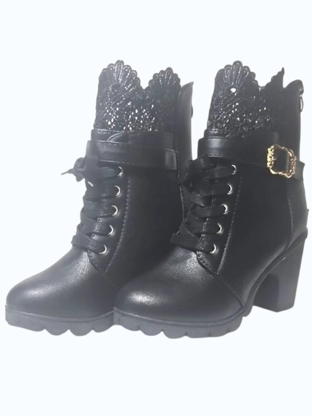 Women's Size 5 Black Combat Boots Gold Buckle Lace Top Back Zipper T11